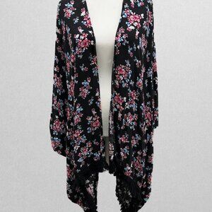 Lane Bryant Black Floral Kimono Overpiece with Tassel Hem